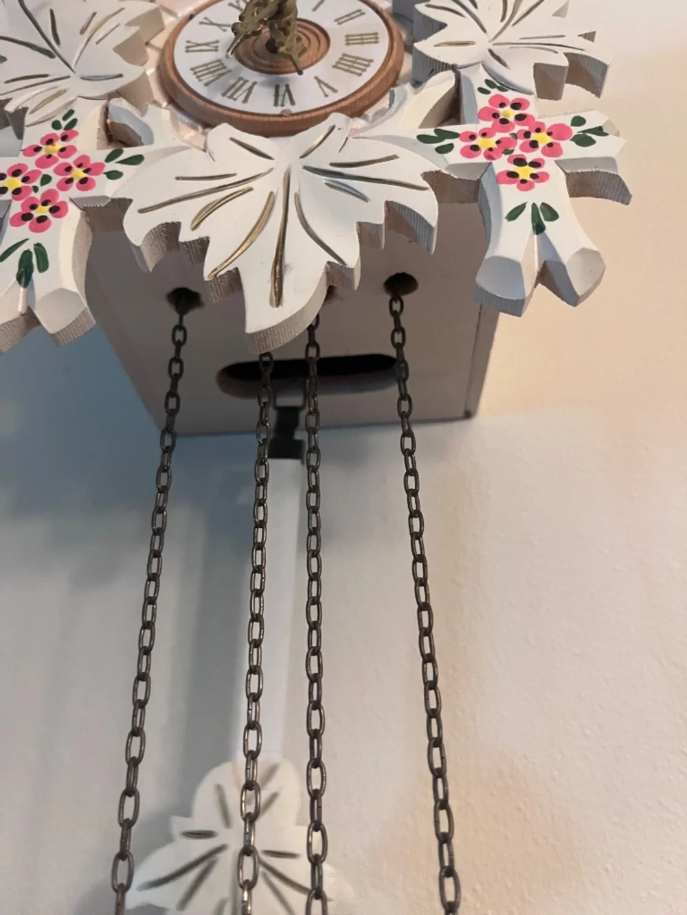 Vintage German Black Forest Cuckoo Clock White Floral Carved Regula 25-E
